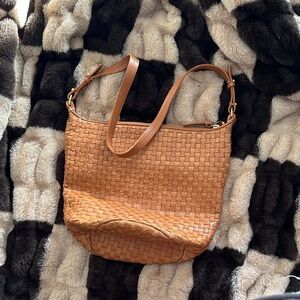 Clare V Petit Jeanne Natural Woven checker shoulder bucket bag